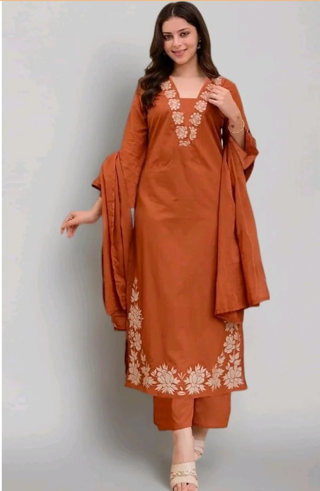 ANNI Designer Pure Cotton Embroidered Kurta Set for Women | Rust Orange Kurta with Pants & Dupatta | Floral Neck & Hem Embroidery | Cotton Kurta Set for Women | 10 Colour Options Available - 2XL