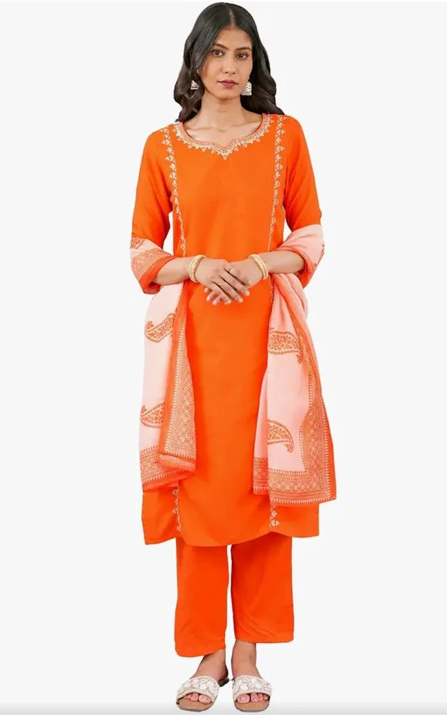 Navlik Women's Rayon Slub Straight Kurta Pant with V Neck 3/4 Sleeves Regular Fit Calf Length Solid Pattern Embroidered Work and Dupatta Set | Kurta Pant Sets for Womans
- 2XL