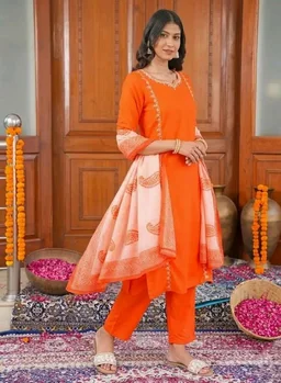 Navlik Women's Rayon Slub Straight Kurta Pant with V Neck 3/4 Sleeves Regular Fit Calf Length Solid Pattern Embroidered Work and Dupatta Set | Kurta Pant Sets for Womans
- 2XL