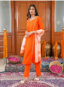 Navlik Women's Rayon Slub Straight Kurta Pant with V Neck 3/4 Sleeves Regular Fit Calf Length Solid Pattern Embroidered Work and Dupatta Set | Kurta Pant Sets for Womans
- 2XL