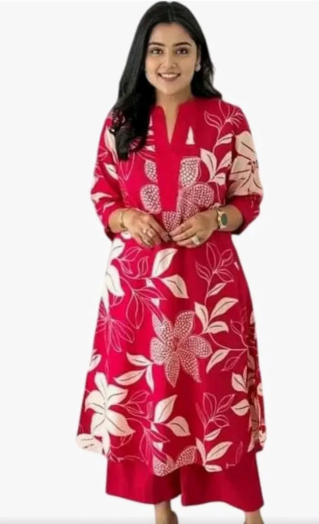 Women's Cotton Floral Printed Straight Kurti with Pant Set - L
