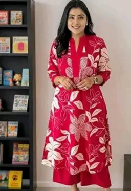 Women's Cotton Floral Printed Straight Kurti with Pant Set - L