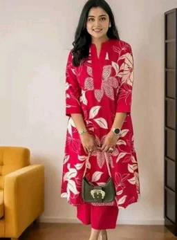 Women's Cotton Floral Printed Straight Kurti with Pant Set - L
