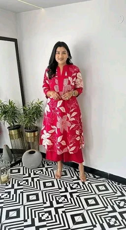 Women's Cotton Floral Printed Straight Kurti with Pant Set - L