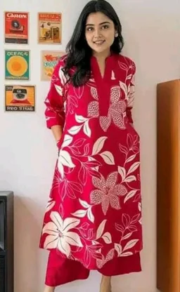 Women's Cotton Floral Printed Straight Kurti with Pant Set - L