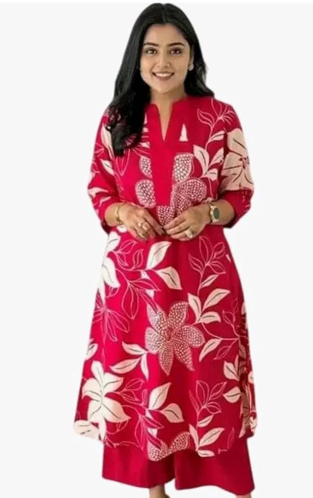 Women's Cotton Floral Printed Straight Kurti with Pant Set - L