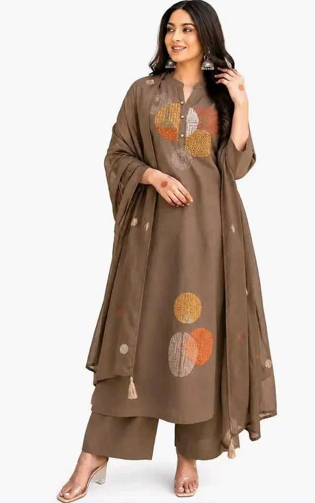 Women's Cotton Embroidery Straight Kurti Pant With Dupatta Set - L