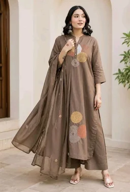 Women's Cotton Embroidery Straight Kurti Pant With Dupatta Set - L