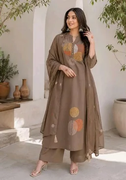 Women's Cotton Embroidery Straight Kurti Pant With Dupatta Set - L