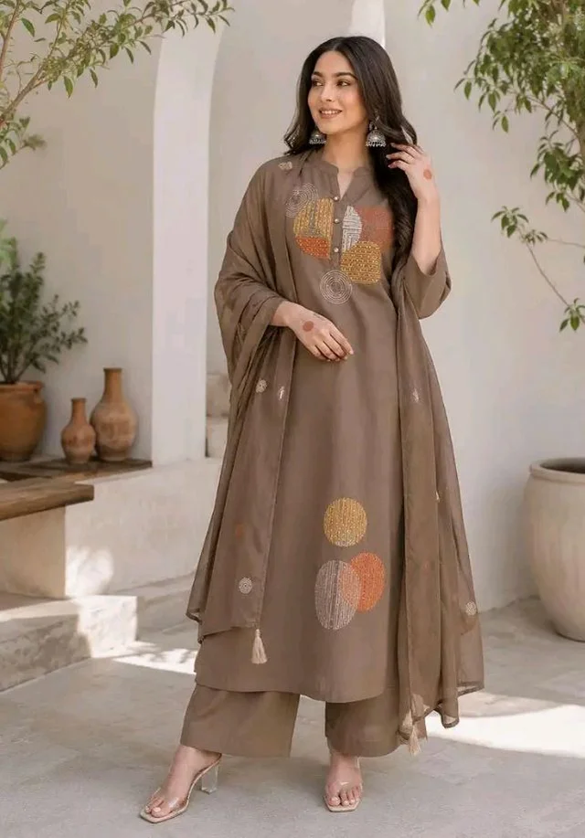 Women's Cotton Embroidery Straight Kurti Pant With Dupatta Set - L