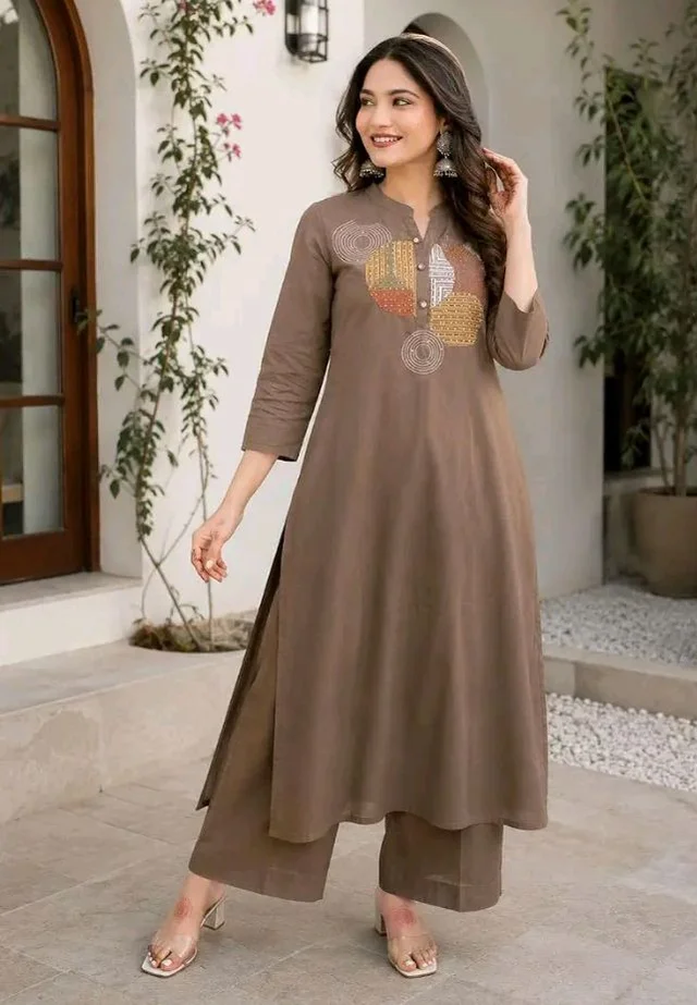 Women's Cotton Embroidery Straight Kurti Pant With Dupatta Set - L