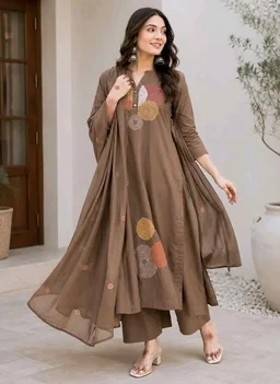 Women's Cotton Embroidery Straight Kurti Pant With Dupatta Set - L