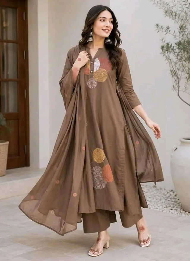 Women's Cotton Embroidery Straight Kurti Pant With Dupatta Set - L
