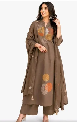 Women's Cotton Embroidery Straight Kurti Pant With Dupatta Set - L