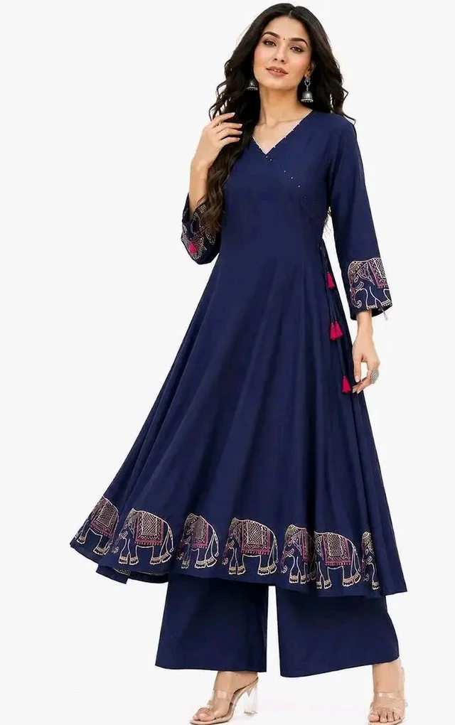 Women's Rayon Embroidered Straight Kurti with Pant Set - 2XL