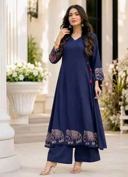Women's Rayon Embroidered Straight Kurti with Pant Set - 2XL