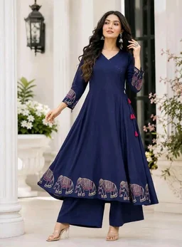 Women's Rayon Embroidered Straight Kurti with Pant Set - 2XL