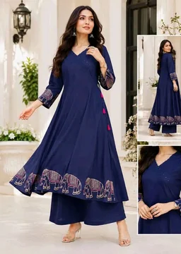 Women's Rayon Embroidered Straight Kurti with Pant Set - 2XL