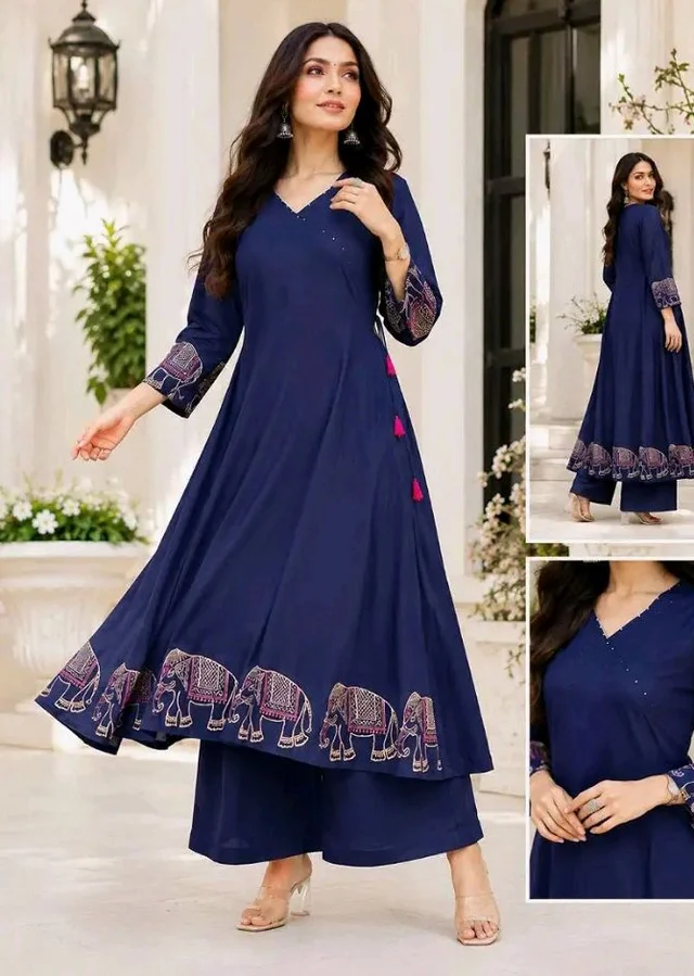 Women's Rayon Embroidered Straight Kurti with Pant Set - 2XL