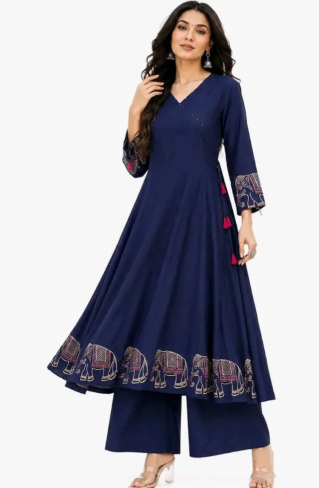 Women's Rayon Embroidered Straight Kurti with Pant Set - 2XL