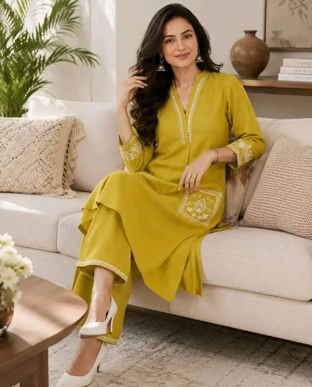 Brand: Varvito Fashion
Women's Cotton Embroidery Straight Kurti with Pant Set - 3XL