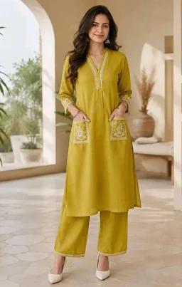 Brand: Varvito Fashion
Women's Cotton Embroidery Straight Kurti with Pant Set - 3XL