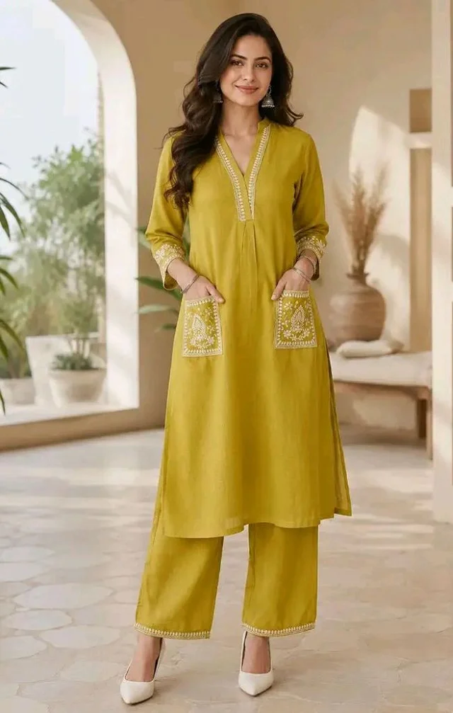 Brand: Varvito Fashion
Women's Cotton Embroidery Straight Kurti with Pant Set - 3XL