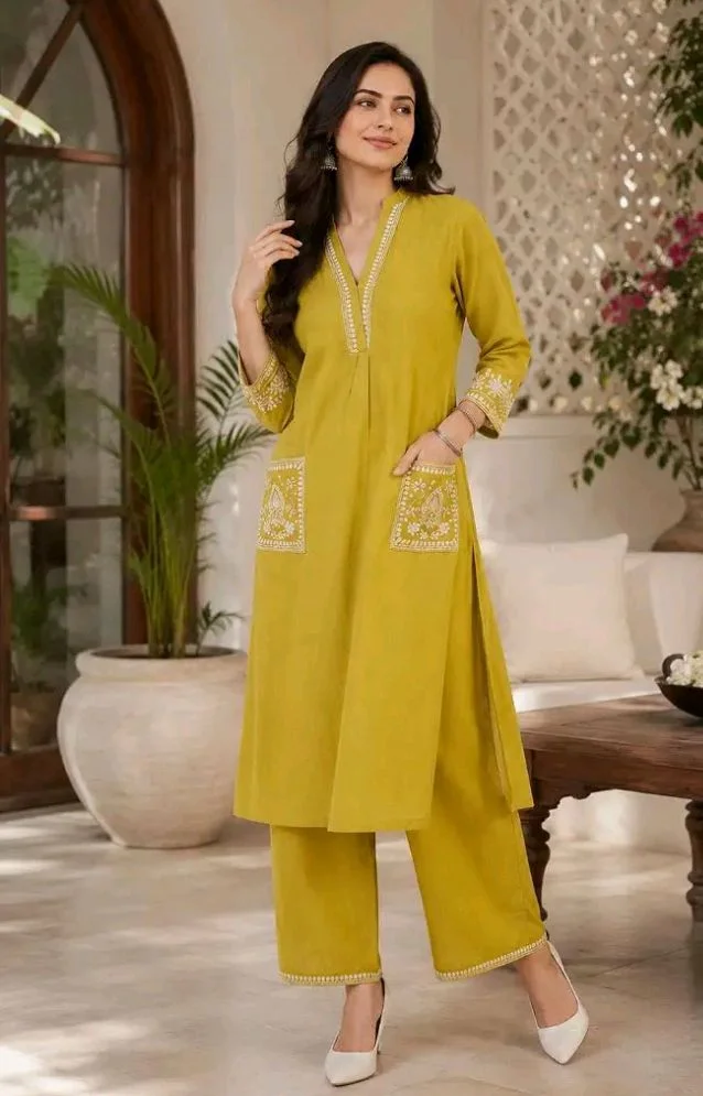 Brand: Varvito Fashion
Women's Cotton Embroidery Straight Kurti with Pant Set - 3XL