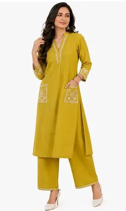 Brand: Varvito Fashion
Women's Cotton Embroidery Straight Kurti with Pant Set - 3XL