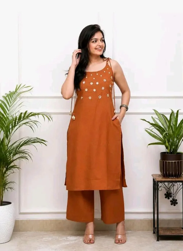 Women's Cotton Embroidery Sleeveless Kurti with Ankle Length Pant Set - 2XL