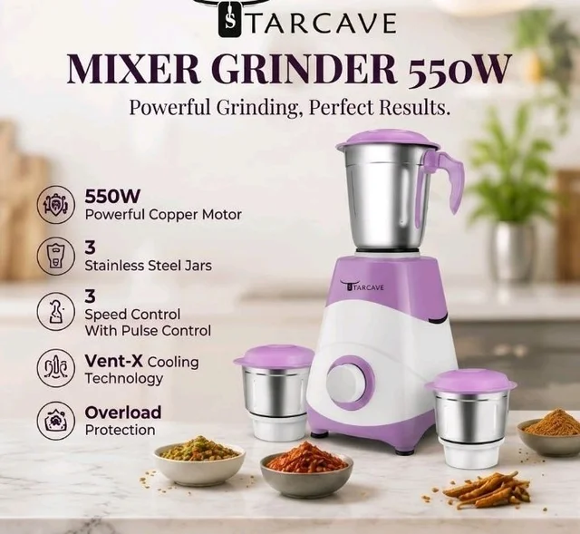 Mixer Grinder 550W with 3 Stainless Steel Jars, 3 Speed Control with Pulse, Powerful Copper Motor, Overload Protection, ABS Body, Vent-X Cooling Technology for Wet & Dry Grinding.