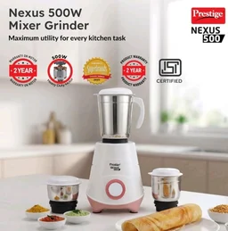 Prestige 500W Nexus Mixer Grinder with 3 Stainless Steel jars|1200ml Wet Jar,800ml dry jar, 400ml chutney jar|3 Super-efficient Blades|3 motor setting|Sturdy Handles |2 Yrs Warranty|White & Rose Gold