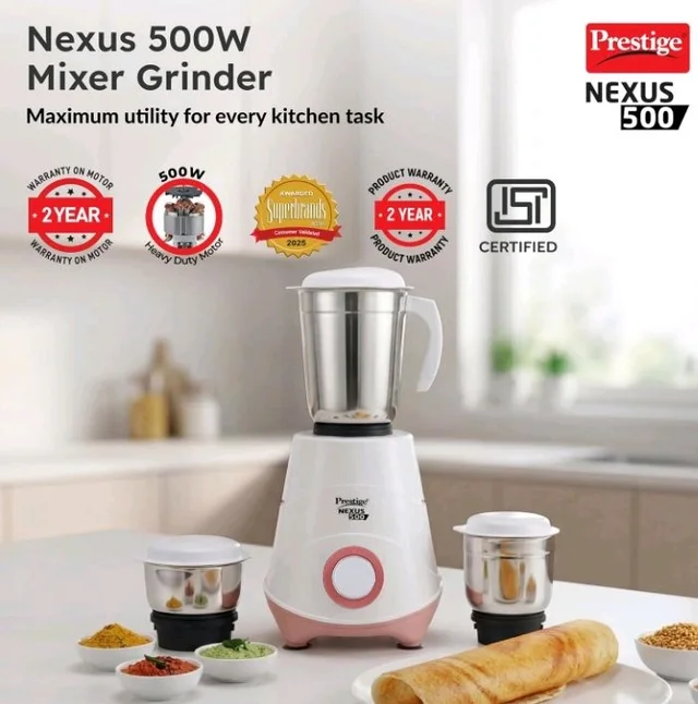 Prestige 500W Nexus Mixer Grinder with 3 Stainless Steel jars|1200ml Wet Jar,800ml dry jar, 400ml chutney jar|3 Super-efficient Blades|3 motor setting|Sturdy Handles |2 Yrs Warranty|White & Rose Gold