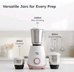 Prestige 500W Nexus Mixer Grinder with 3 Stainless Steel jars|1200ml Wet Jar,800ml dry jar, 400ml chutney jar|3 Super-efficient Blades|3 motor setting|Sturdy Handles |2 Yrs Warranty|White & Rose Gold