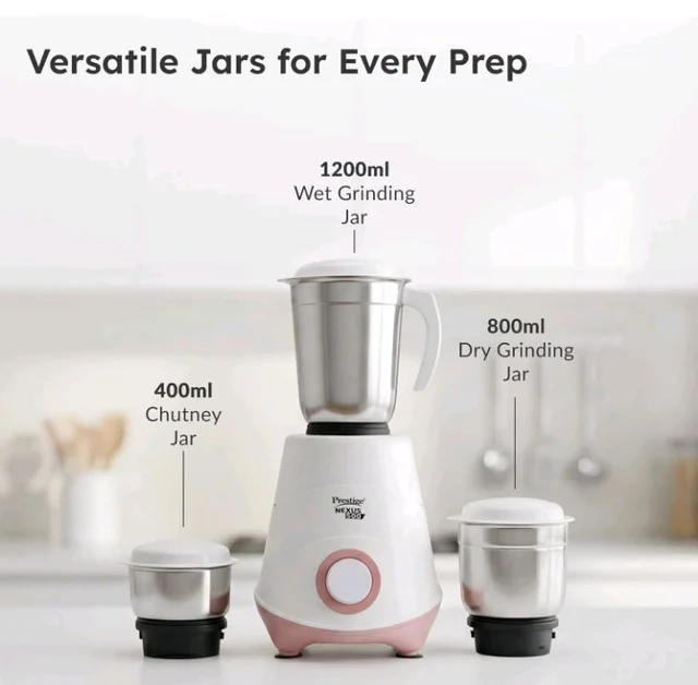 Prestige 500W Nexus Mixer Grinder with 3 Stainless Steel jars|1200ml Wet Jar,800ml dry jar, 400ml chutney jar|3 Super-efficient Blades|3 motor setting|Sturdy Handles |2 Yrs Warranty|White & Rose Gold