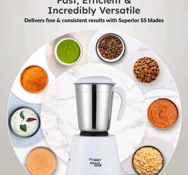 Prestige 500W Nexus Mixer Grinder with 3 Stainless Steel jars|1200ml Wet Jar,800ml dry jar, 400ml chutney jar|3 Super-efficient Blades|3 motor setting|Sturdy Handles |2 Yrs Warranty|White & Rose Gold