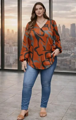 Viscose Rayon Abstract Pattern Top for Women | A Line Tops | Summer Kurta | V-Neck Top | Short Kurti for Women| Full Sleeves | NG-025 - 2XL