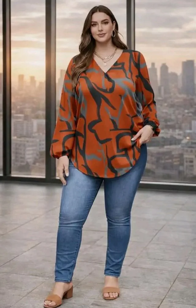Viscose Rayon Abstract Pattern Top for Women | A Line Tops | Summer Kurta | V-Neck Top | Short Kurti for Women| Full Sleeves | NG-025 - 2XL