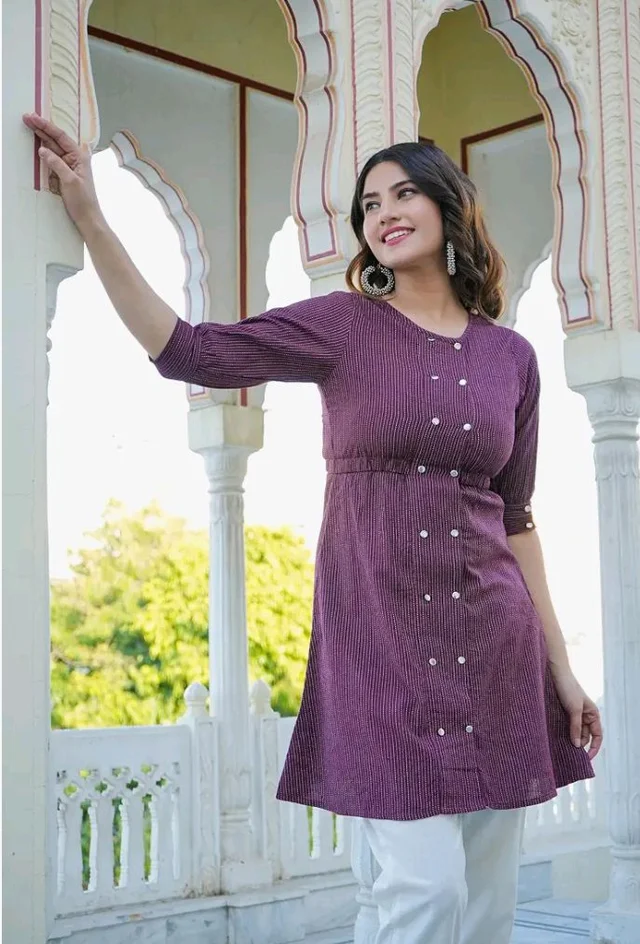 Yash Gallery Women's Cotton Straight Fit Straight Kantha Striped Printed 3/4 Sleeve Round Neck Short Kurta Tops - 2XL