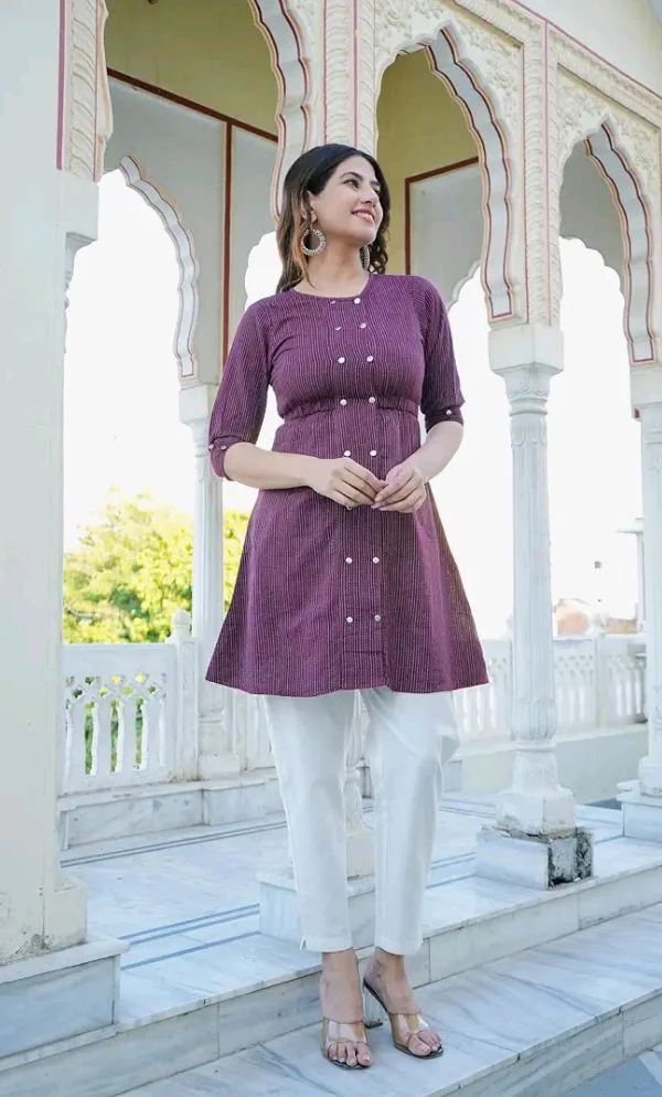 Yash Gallery Women's Cotton Straight Fit Straight Kantha Striped Printed 3/4 Sleeve Round Neck Short Kurta Tops - 2XL