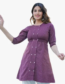 Yash Gallery Women's Cotton Straight Fit Straight Kantha Striped Printed 3/4 Sleeve Round Neck Short Kurta Tops - 2XL