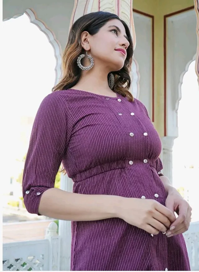 Yash Gallery Women's Cotton Straight Fit Straight Kantha Striped Printed 3/4 Sleeve Round Neck Short Kurta Tops - 2XL