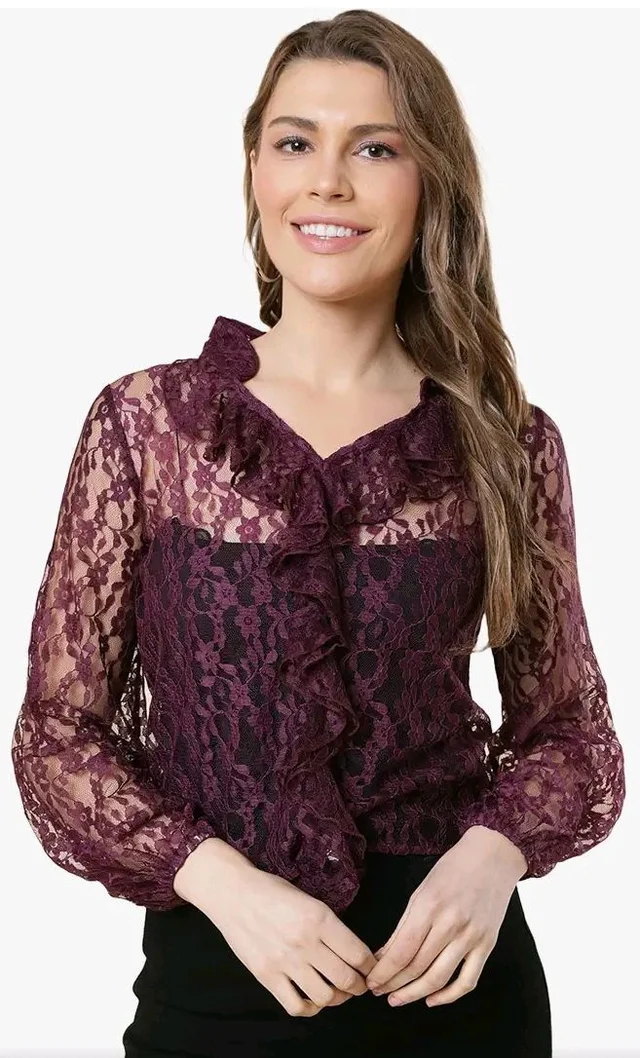 A.T.U.N. (ALL THINGS UBER NICE) A T U N Burgundy Floral Print Ruffles Lace Top - L