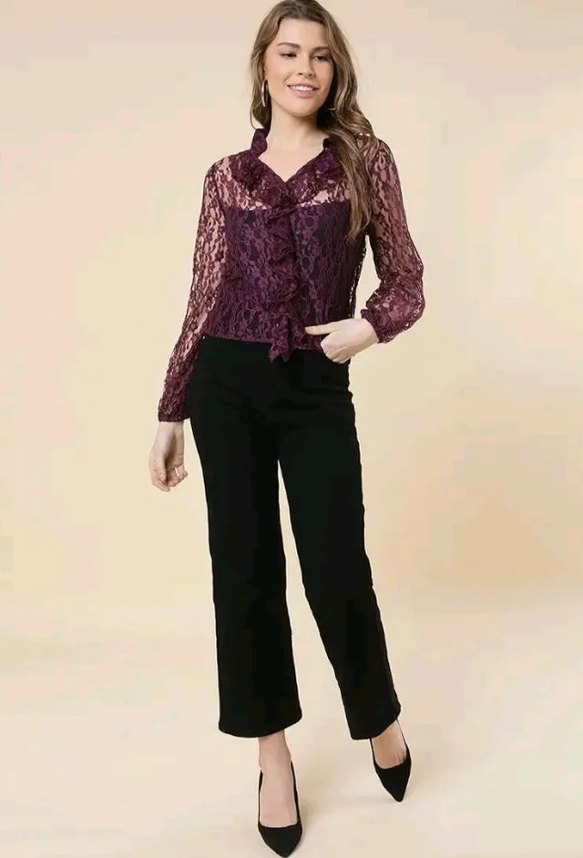 A.T.U.N. (ALL THINGS UBER NICE) A T U N Burgundy Floral Print Ruffles Lace Top - L