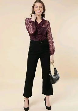 A.T.U.N. (ALL THINGS UBER NICE) A T U N Burgundy Floral Print Ruffles Lace Top - L