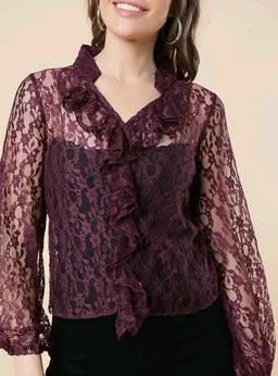 A.T.U.N. (ALL THINGS UBER NICE) A T U N Burgundy Floral Print Ruffles Lace Top - L