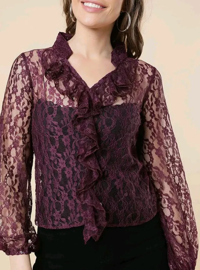 A.T.U.N. (ALL THINGS UBER NICE) A T U N Burgundy Floral Print Ruffles Lace Top - L