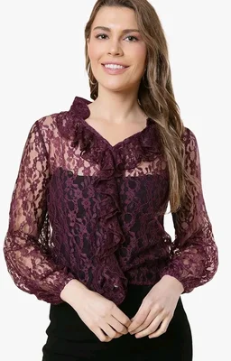 A.T.U.N. (ALL THINGS UBER NICE) A T U N Burgundy Floral Print Ruffles Lace Top - L
