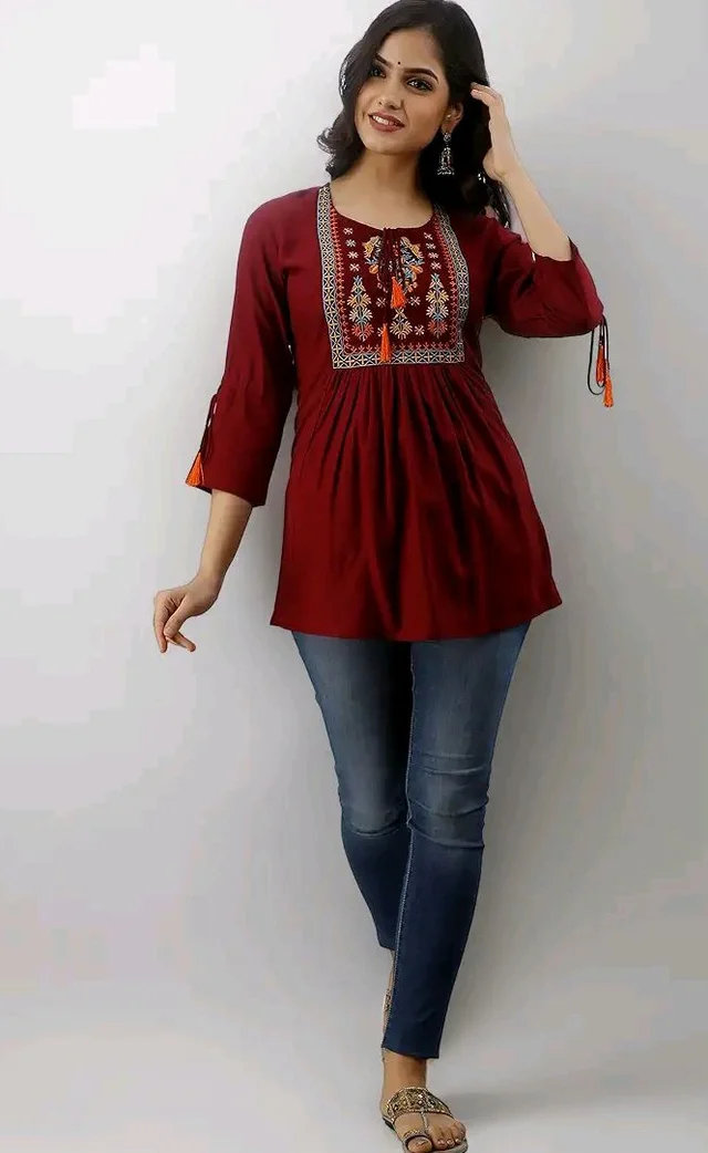 DMP FASHION Women's Rayon Embroidery Work Top with Tasseles at Front and on Both Sleeves.(Maroon)
- L