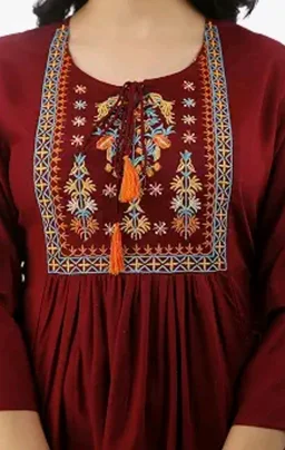 DMP FASHION Women's Rayon Embroidery Work Top with Tasseles at Front and on Both Sleeves.(Maroon)
- L